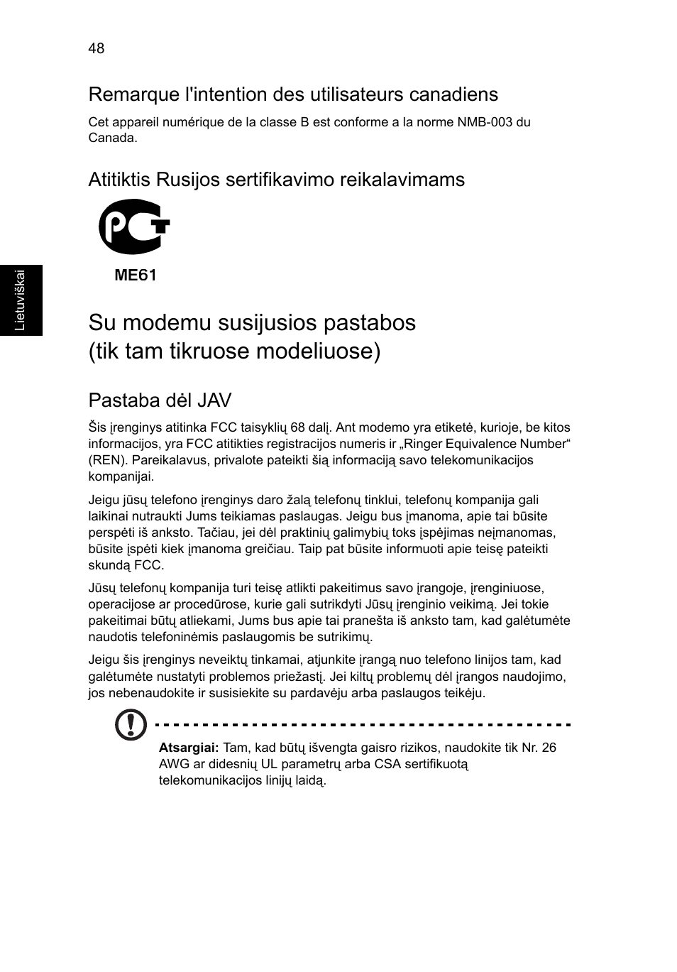 Remarque l'intention des utilisateurs canadiens, Atitiktis rusijos sertifikavimo reikalavimams, Pastaba dėl jav | Acer Aspire 5745DG User Manual | Page 1650 / 2217