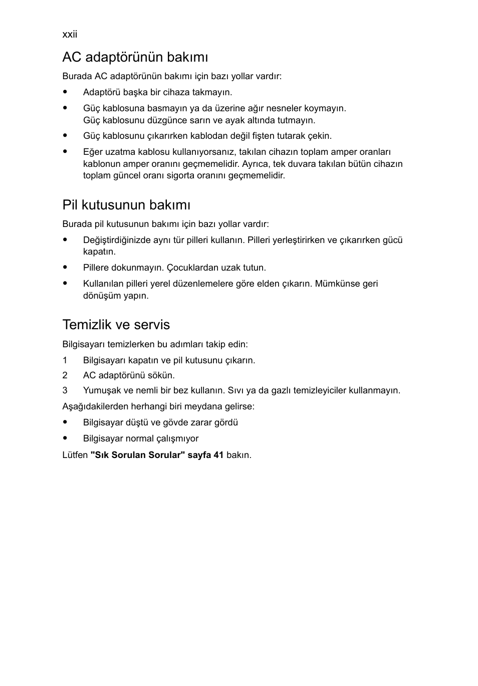 Ac adaptörünün bakımı, Pil kutusunun bakımı, Temizlik ve servis | Acer Aspire 5745DG User Manual | Page 1750 / 2217