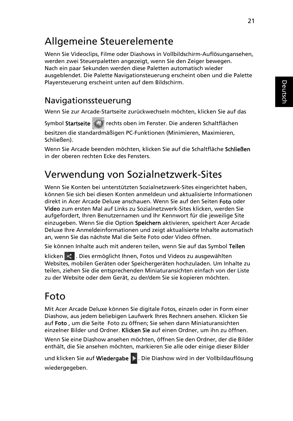 Allgemeine steuerelemente, Verwendung von sozialnetzwerk-sites, Foto | Navigationssteuerung | Acer Aspire 5745DG User Manual | Page 191 / 2217