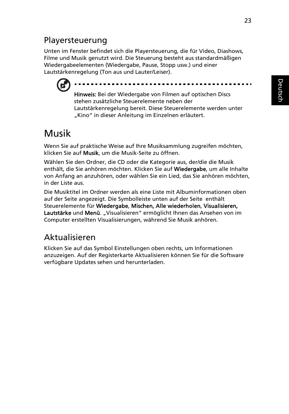 Musik, Playersteuerung, Aktualisieren | Acer Aspire 5745DG User Manual | Page 193 / 2217