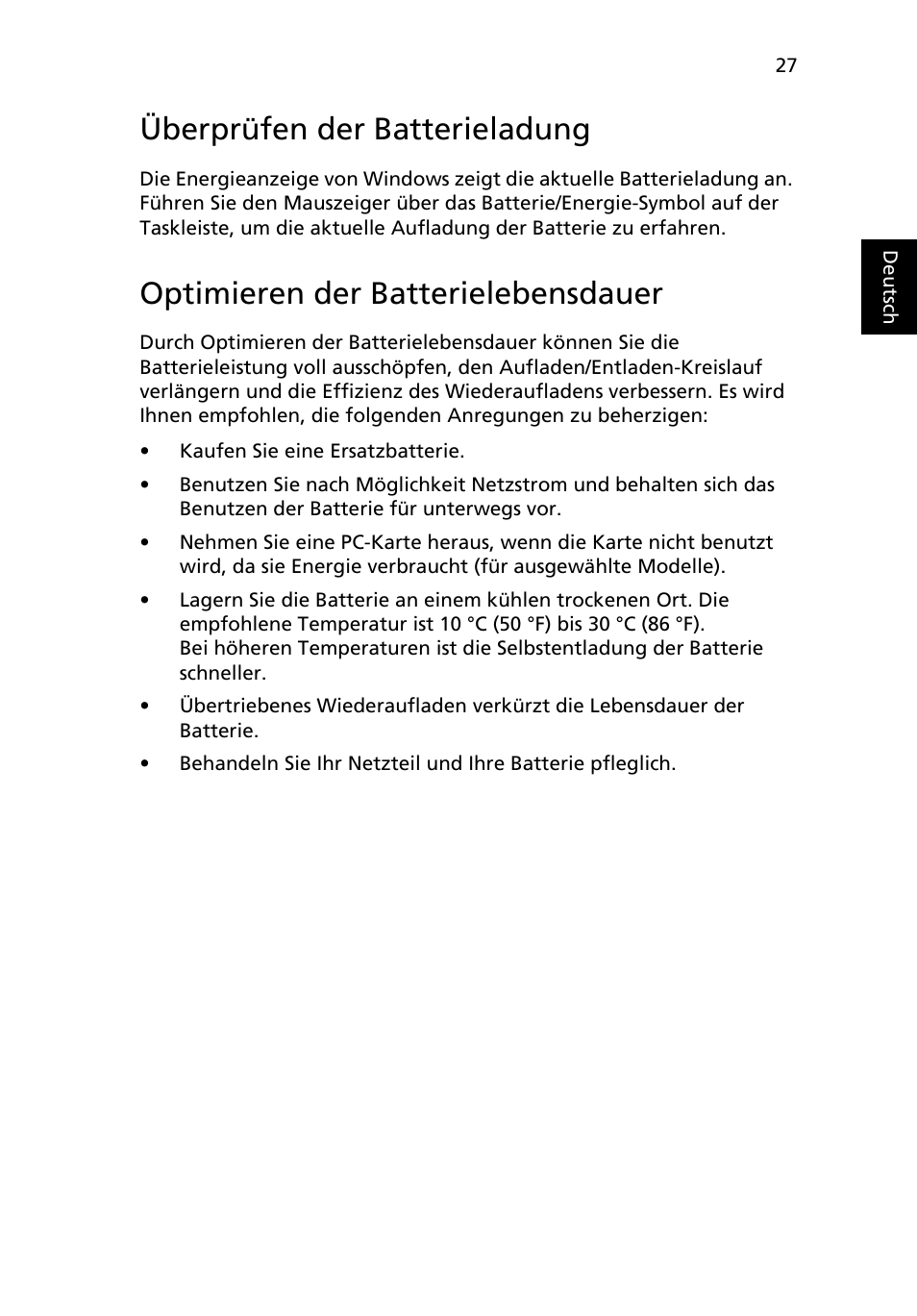 Überprüfen der batterieladung, Optimieren der batterielebensdauer | Acer Aspire 5745DG User Manual | Page 197 / 2217