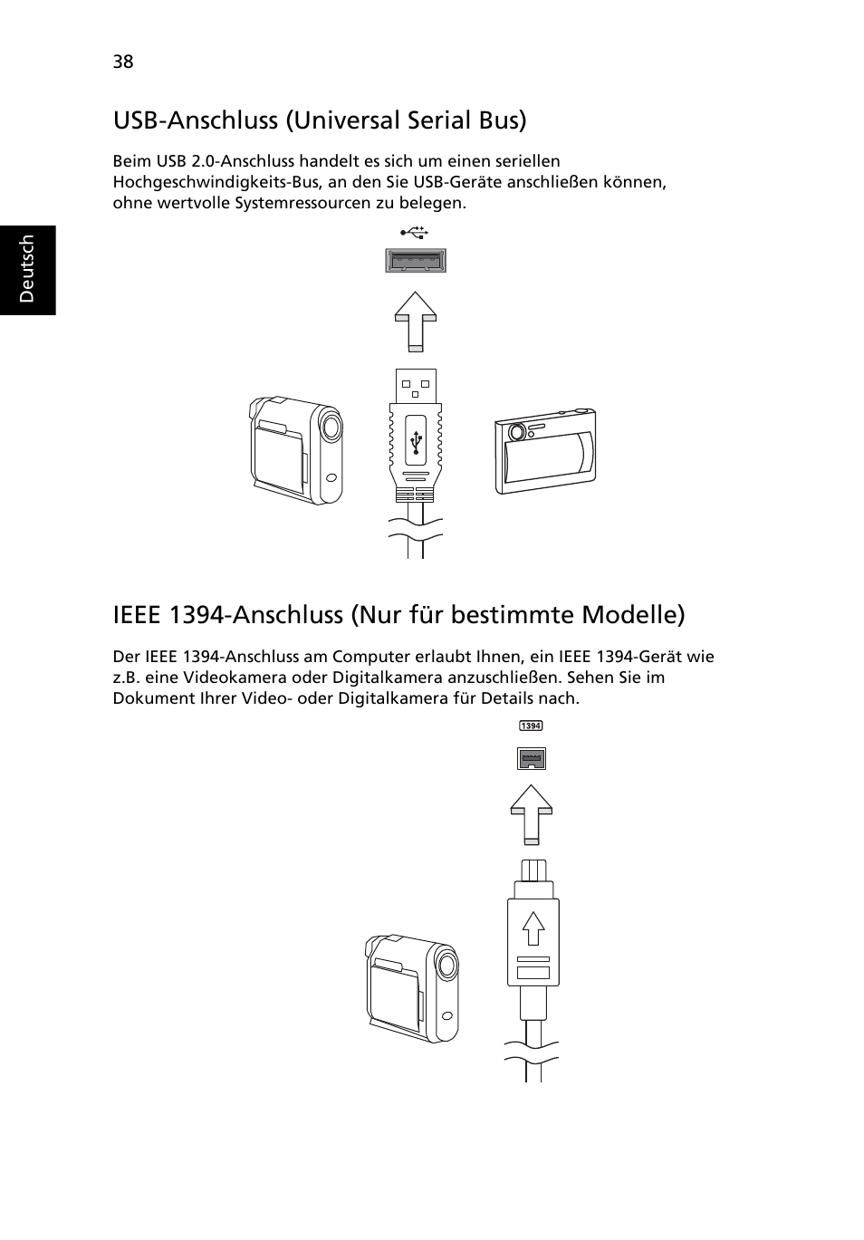 Usb-anschluss (universal serial bus), Ieee 1394-anschluss (nur für bestimmte modelle) | Acer Aspire 5745DG User Manual | Page 208 / 2217