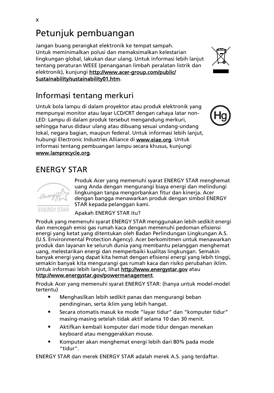 Petunjuk pembuangan, Informasi tentang merkuri, Energy star | Acer Aspire 5745DG User Manual | Page 2080 / 2217
