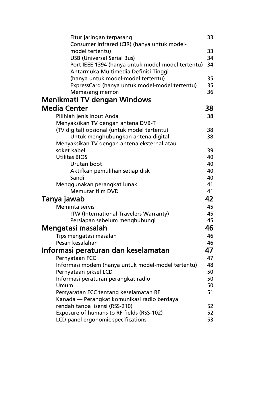 Menikmati tv dengan windows media center 38, Tanya jawab 42, Mengatasi masalah 46 | Informasi peraturan dan keselamatan 47 | Acer Aspire 5745DG User Manual | Page 2089 / 2217