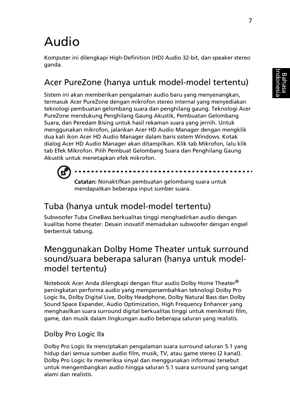 Audio, Acer purezone (hanya untuk model-model tertentu), Tuba (hanya untuk model-model tertentu) | Acer Aspire 5745DG User Manual | Page 2097 / 2217