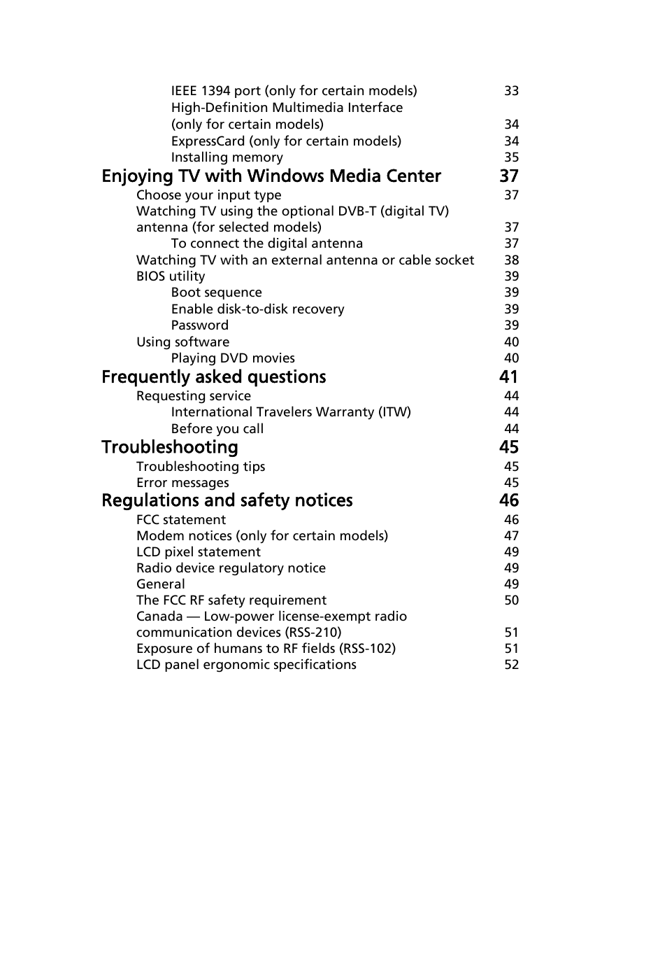 Enjoying tv with windows media center 37, Frequently asked questions 41, Troubleshooting 45 | Regulations and safety notices 46 | Acer Aspire 5745DG User Manual | Page 21 / 2217