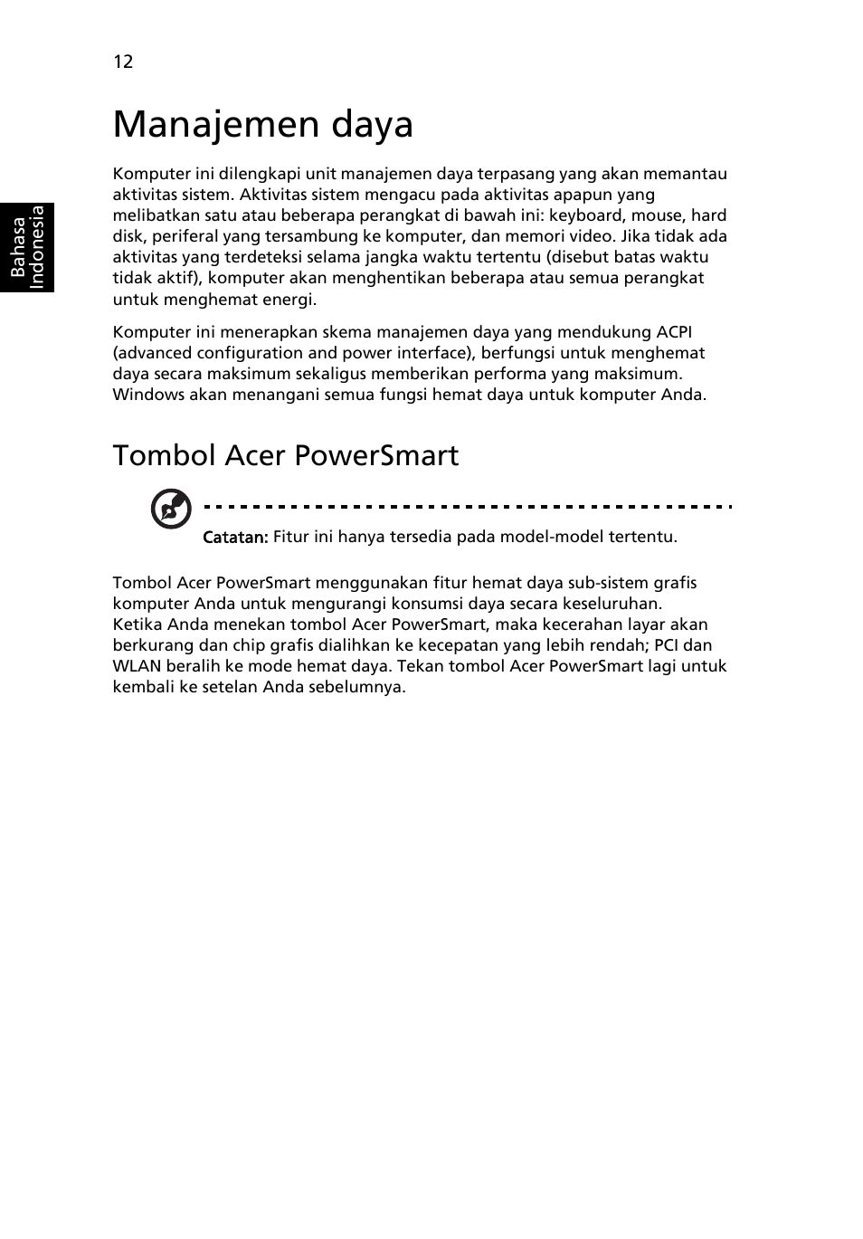 Manajemen daya, Tombol acer powersmart | Acer Aspire 5745DG User Manual | Page 2102 / 2217