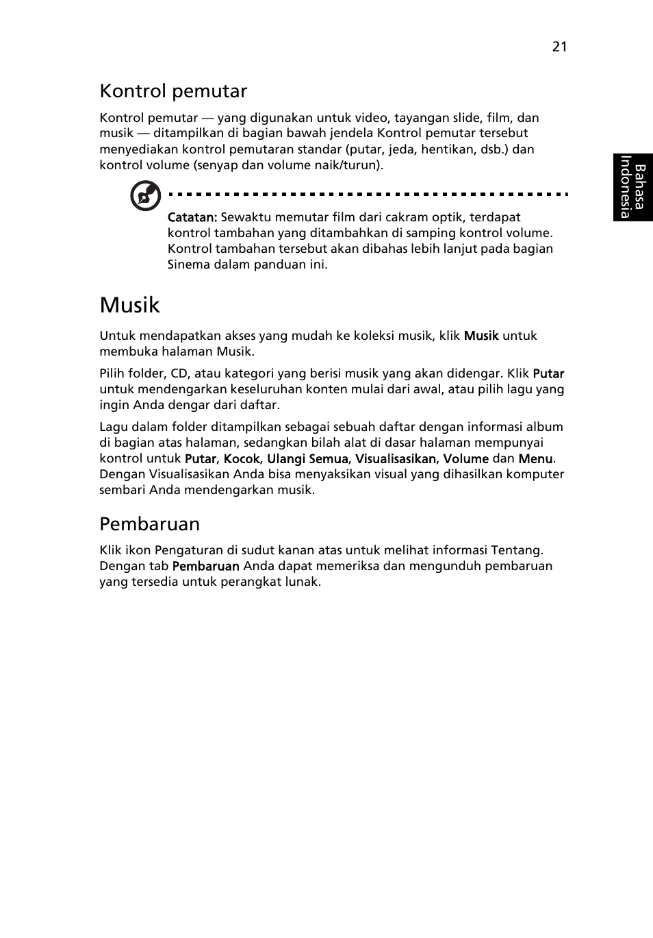 Musik, Kontrol pemutar, Pembaruan | Acer Aspire 5745DG User Manual | Page 2111 / 2217