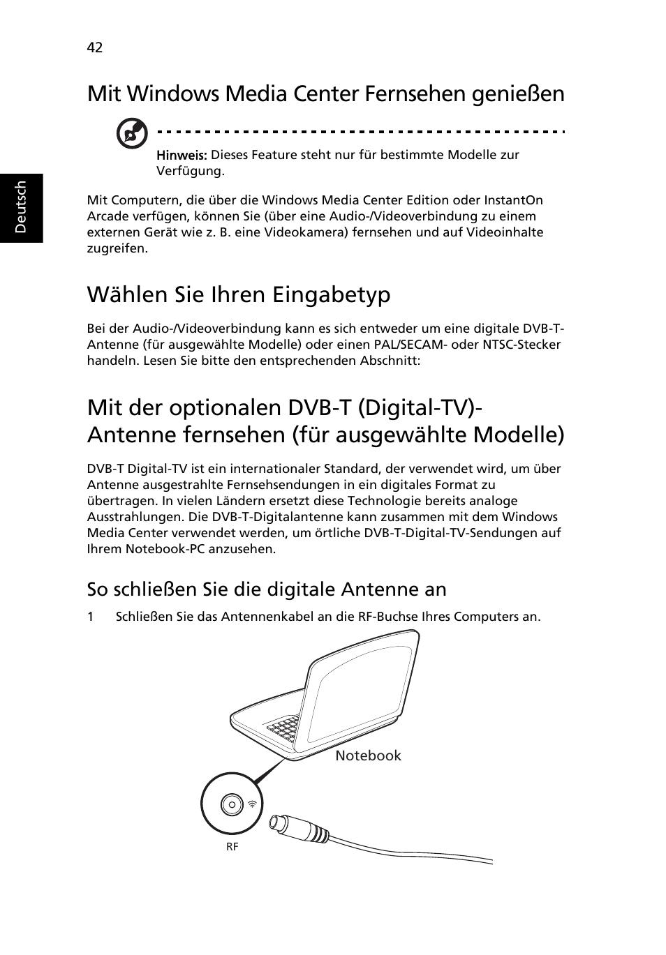 Mit windows media center fernsehen genießen, Wählen sie ihren eingabetyp, So schließen sie die digitale antenne an | Acer Aspire 5745DG User Manual | Page 212 / 2217