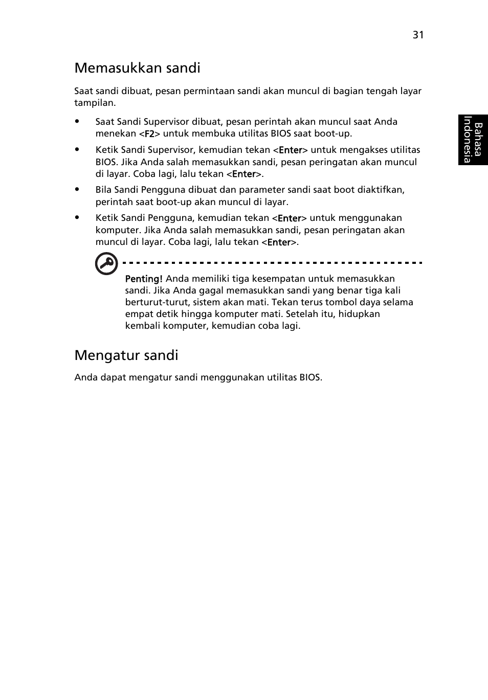 Memasukkan sandi, Mengatur sandi | Acer Aspire 5745DG User Manual | Page 2121 / 2217