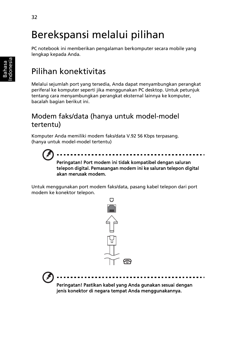 Berekspansi melalui pilihan, Pilihan konektivitas, Modem faks/data (hanya untuk model-model tertentu) | Acer Aspire 5745DG User Manual | Page 2122 / 2217