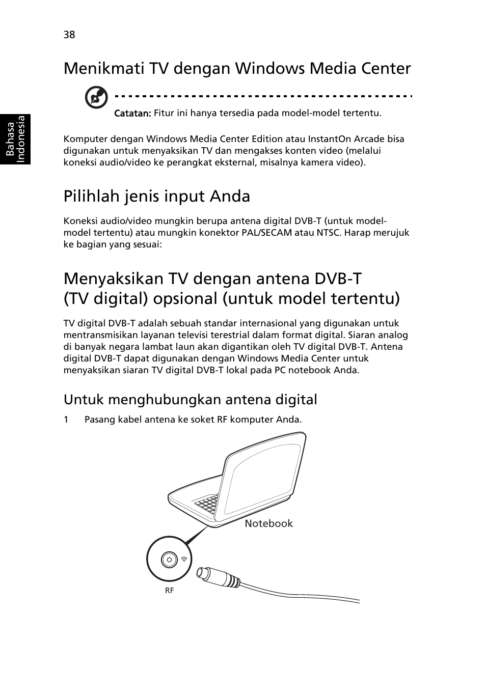 Menikmati tv dengan windows media center, Pilihlah jenis input anda, Untuk menghubungkan antena digital | Acer Aspire 5745DG User Manual | Page 2128 / 2217