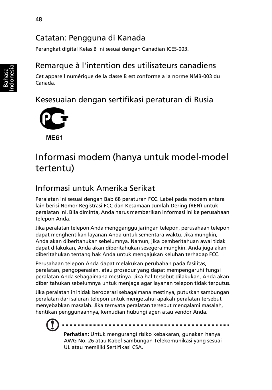 Informasi modem (hanya untuk model-model tertentu), Catatan: pengguna di kanada, Remarque à l'intention des utilisateurs canadiens | Kesesuaian dengan sertifikasi peraturan di rusia, Informasi untuk amerika serikat | Acer Aspire 5745DG User Manual | Page 2138 / 2217