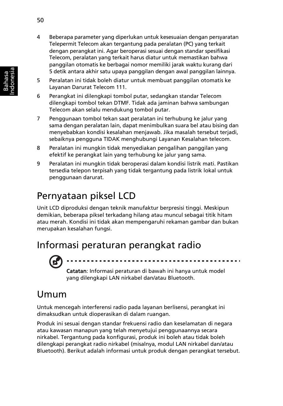 Pernyataan piksel lcd, Informasi peraturan perangkat radio, Umum | Acer Aspire 5745DG User Manual | Page 2140 / 2217
