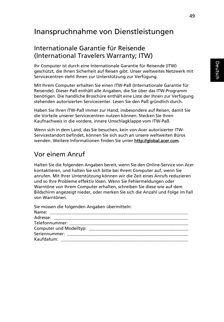 Inanspruchnahme von dienstleistungen, Vor einem anruf | Acer Aspire 5745DG User Manual | Page 219 / 2217