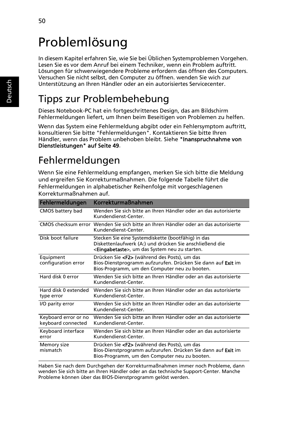 Problemlösung, Tipps zur problembehebung, Fehlermeldungen | Acer Aspire 5745DG User Manual | Page 220 / 2217