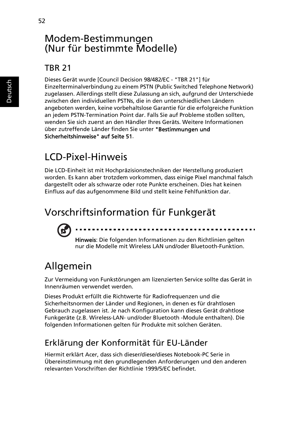 Modem-bestimmungen (nur für bestimmte modelle), Lcd-pixel-hinweis, Vorschriftsinformation für funkgerät | Allgemein, Tbr 21, Erklärung der konformität für eu-länder | Acer Aspire 5745DG User Manual | Page 222 / 2217