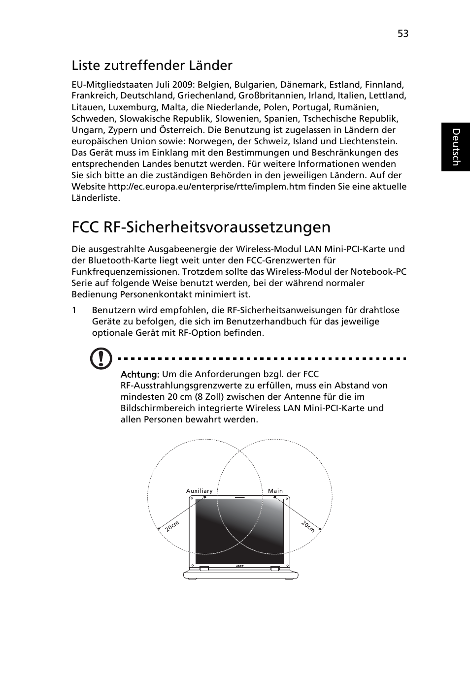 Fcc rf-sicherheitsvoraussetzungen, Liste zutreffender länder | Acer Aspire 5745DG User Manual | Page 223 / 2217