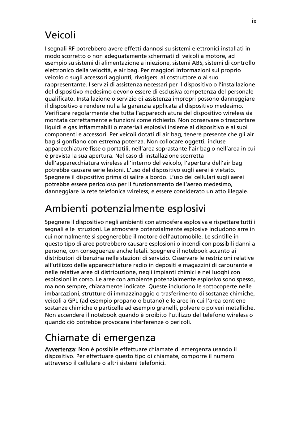 Veicoli, Ambienti potenzialmente esplosivi, Chiamate di emergenza | Acer Aspire 5745DG User Manual | Page 235 / 2217