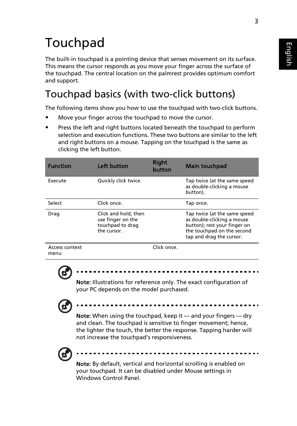 Touchpad, Touchpad basics (with two-click buttons) | Acer Aspire 5745DG User Manual | Page 25 / 2217