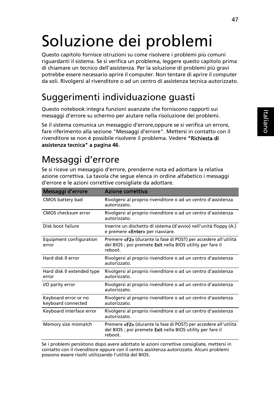 Soluzione dei problemi, Suggerimenti individuazione guasti, Messaggi d’errore | Eng lish ital ia no | Acer Aspire 5745DG User Manual | Page 293 / 2217