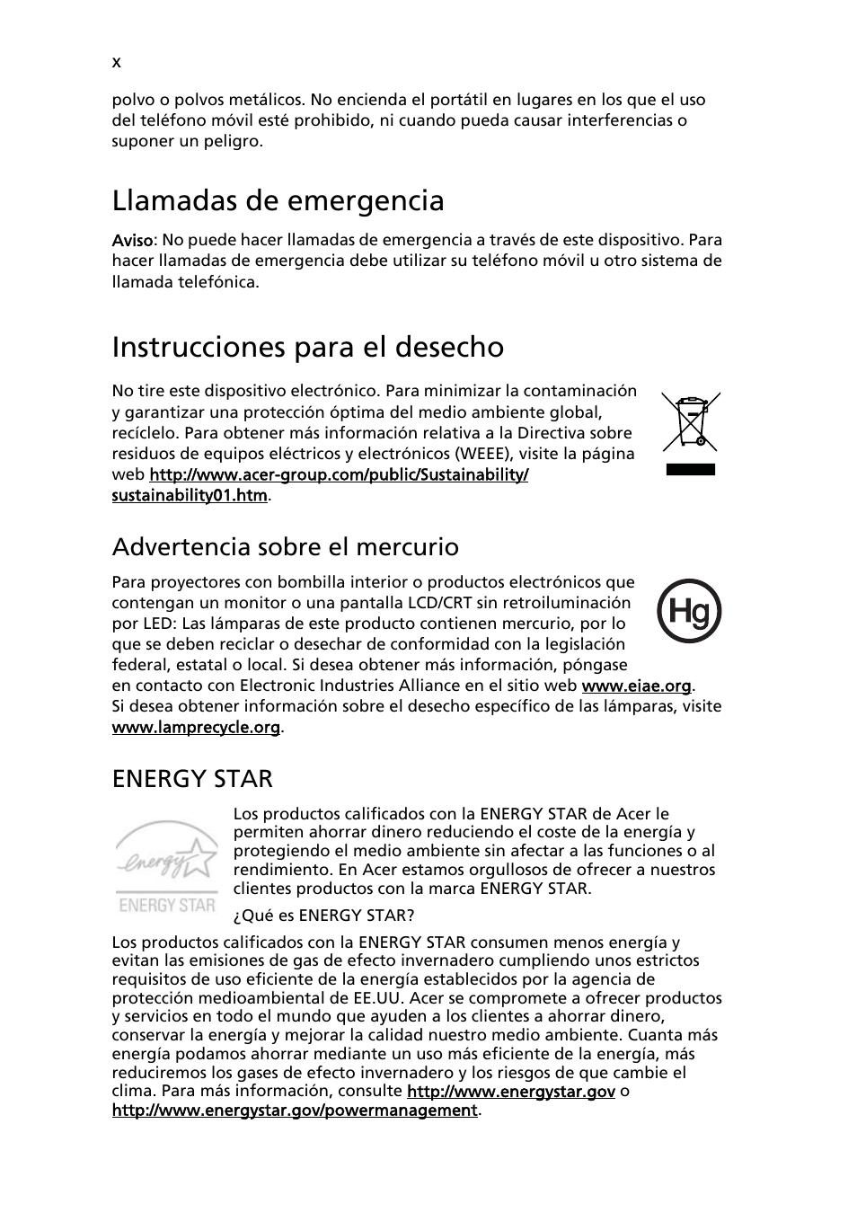 Llamadas de emergencia, Instrucciones para el desecho, Advertencia sobre el mercurio | Energy star | Acer Aspire 5745DG User Manual | Page 308 / 2217
