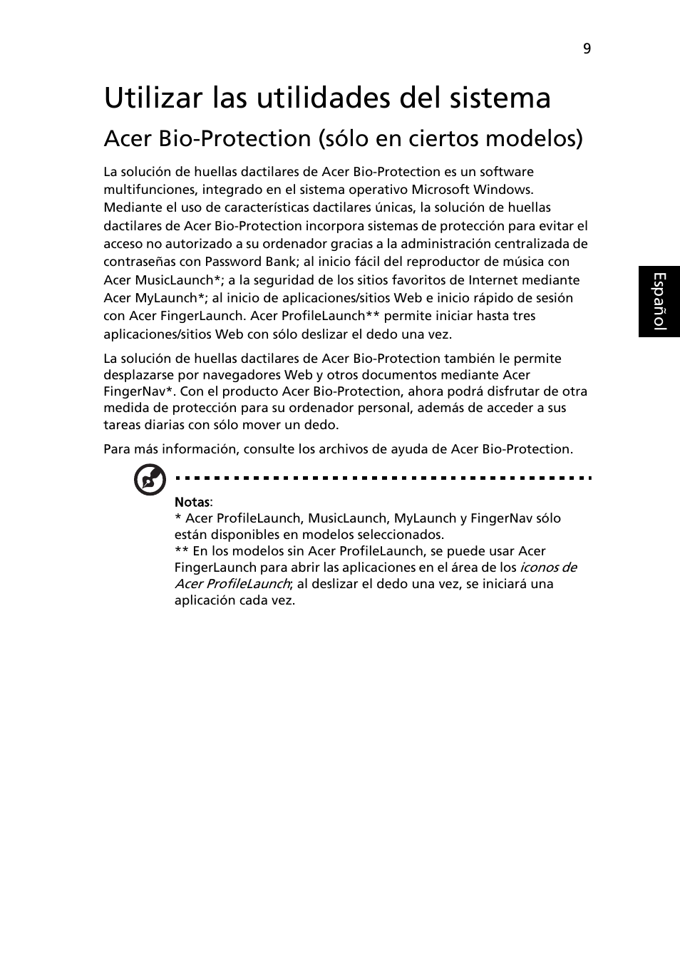 Utilizar las utilidades del sistema, Acer bio-protection (sólo en ciertos modelos) | Acer Aspire 5745DG User Manual | Page 327 / 2217