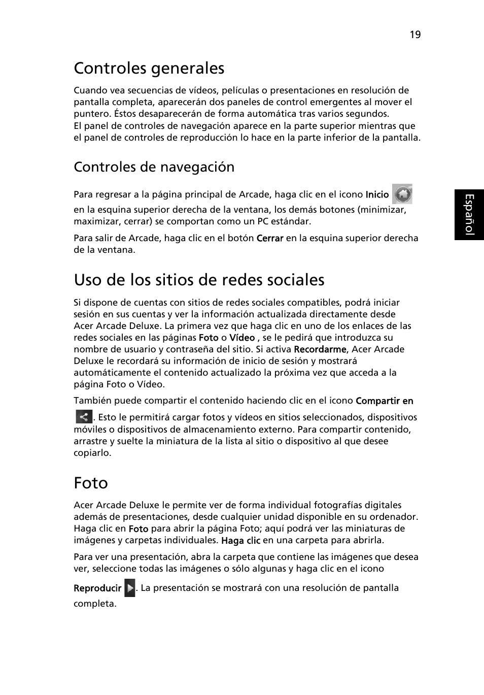 Controles generales, Uso de los sitios de redes sociales, Foto | Controles de navegación | Acer Aspire 5745DG User Manual | Page 337 / 2217