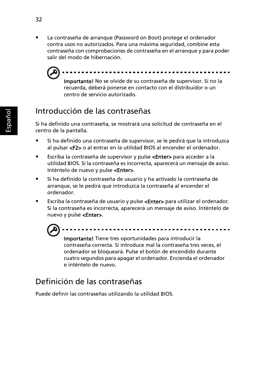 Introducción de las contraseñas, Definición de las contraseñas | Acer Aspire 5745DG User Manual | Page 350 / 2217