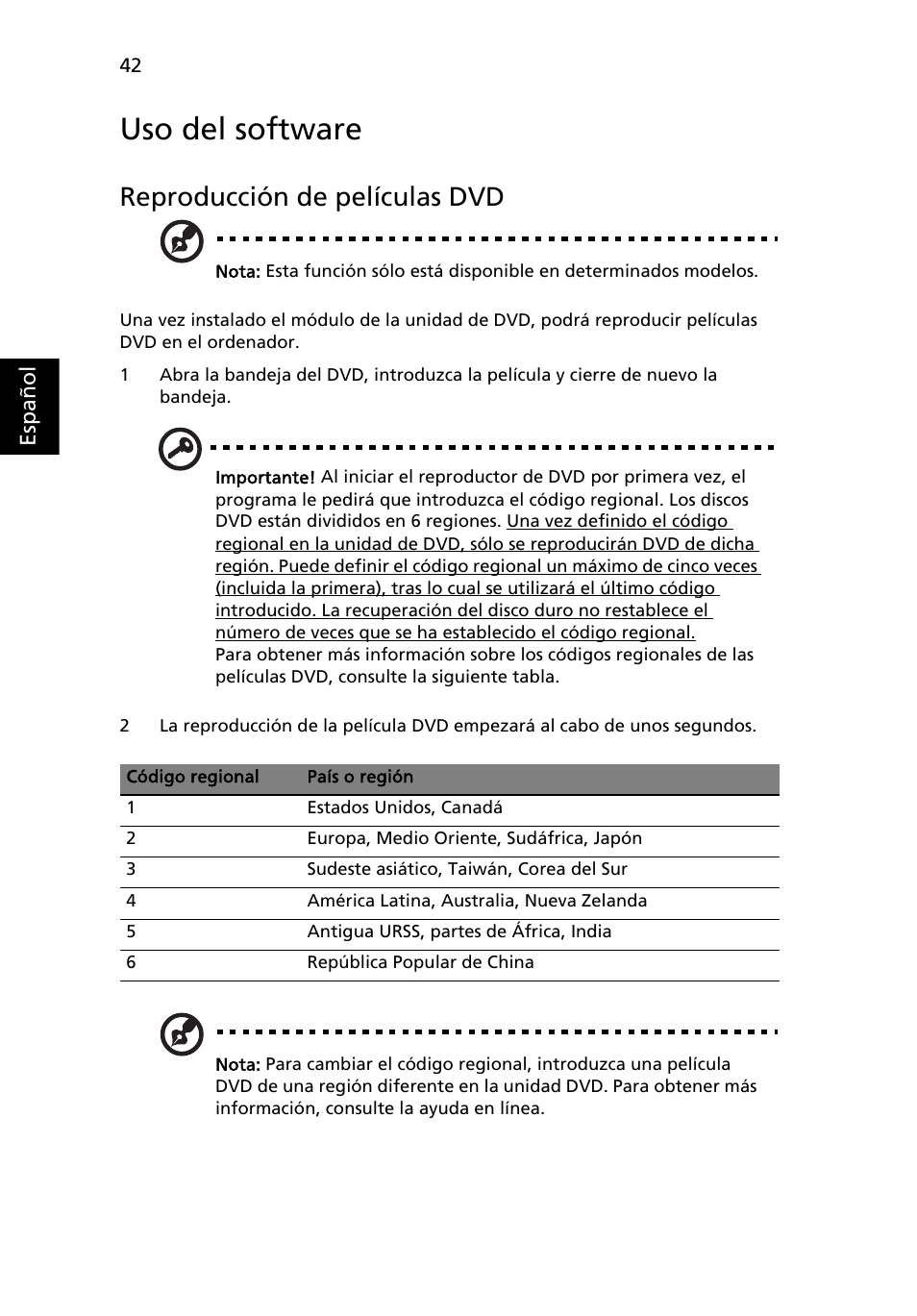 Uso del software, Reproducción de películas dvd | Acer Aspire 5745DG User Manual | Page 360 / 2217