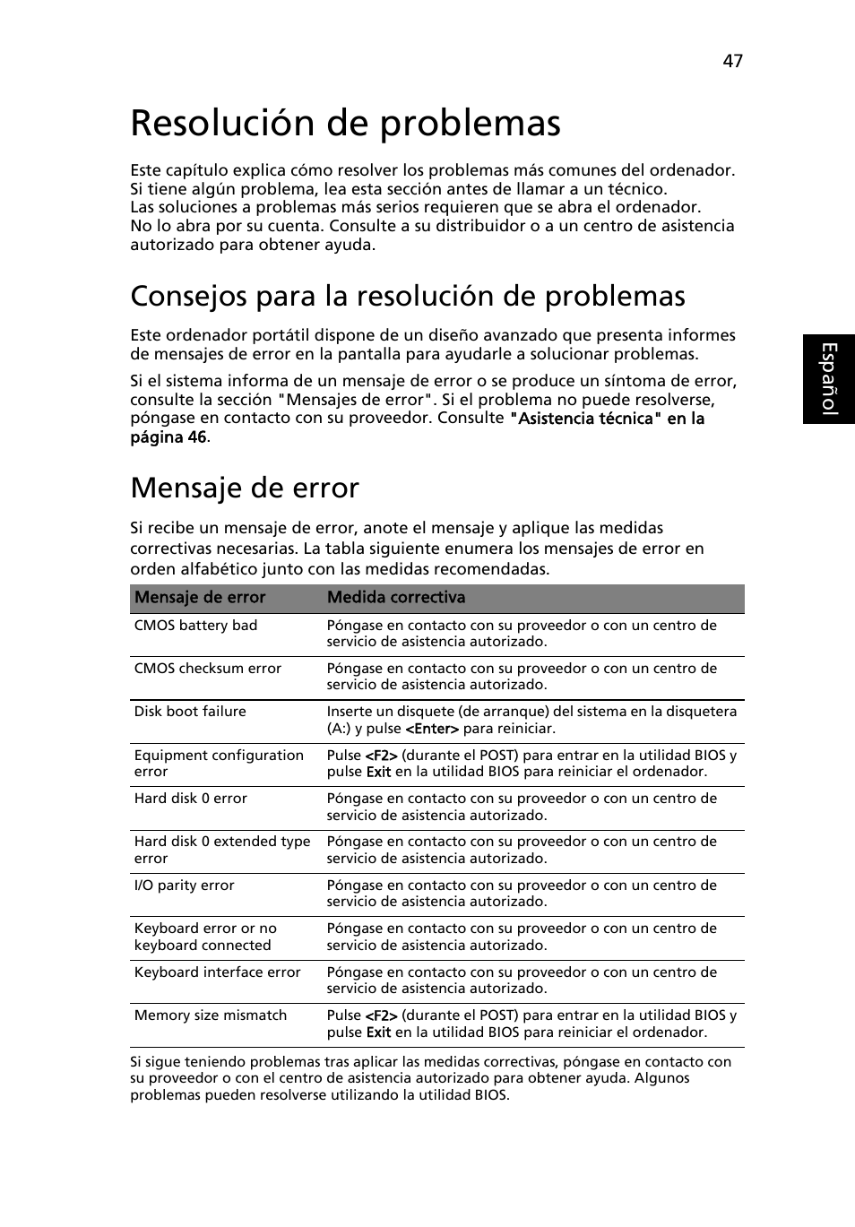 Resolución de problemas, Consejos para la resolución de problemas, Mensaje de error | Eng lish es paño l | Acer Aspire 5745DG User Manual | Page 365 / 2217