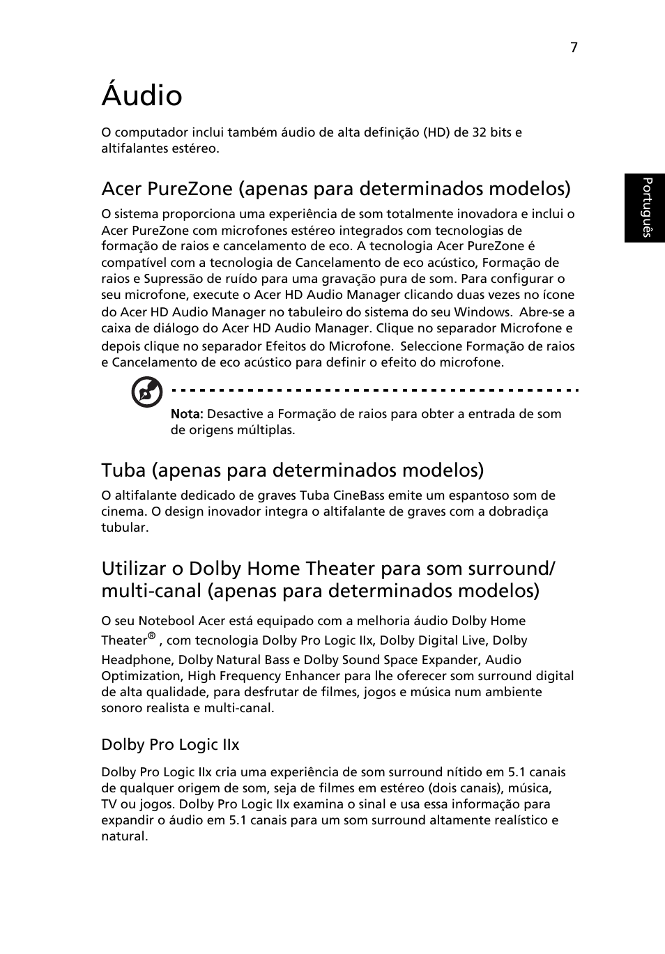 Áudio, Acer purezone (apenas para determinados modelos), Tuba (apenas para determinados modelos) | Acer Aspire 5745DG User Manual | Page 397 / 2217