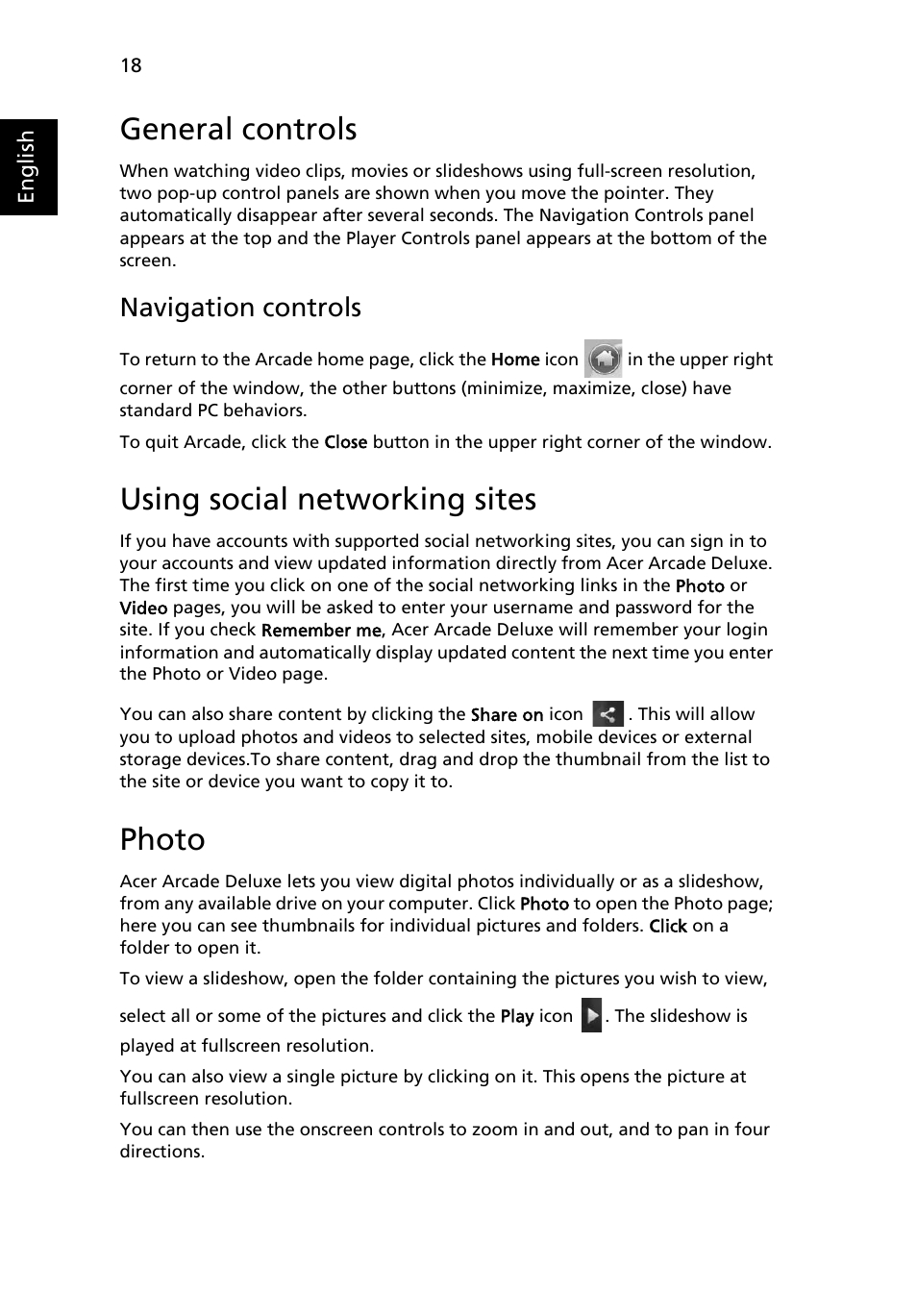 General controls, Using social networking sites, Photo | Navigation controls | Acer Aspire 5745DG User Manual | Page 40 / 2217