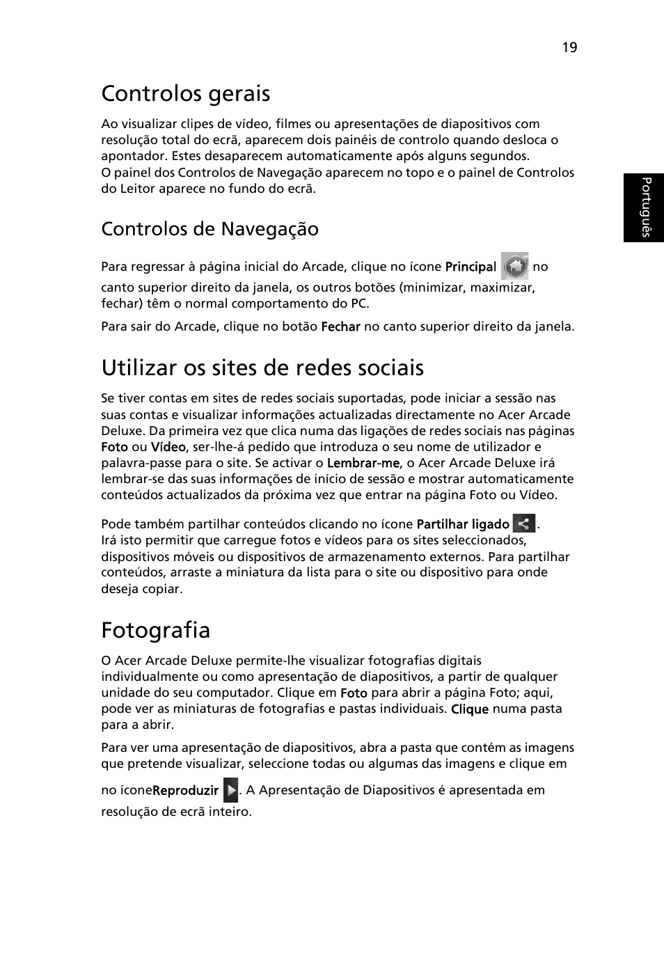 Controlos gerais, Utilizar os sites de redes sociais, Fotografia | Controlos de navegação | Acer Aspire 5745DG User Manual | Page 409 / 2217