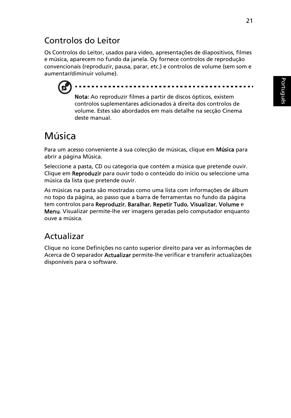 Música, Controlos do leitor, Actualizar | Acer Aspire 5745DG User Manual | Page 411 / 2217