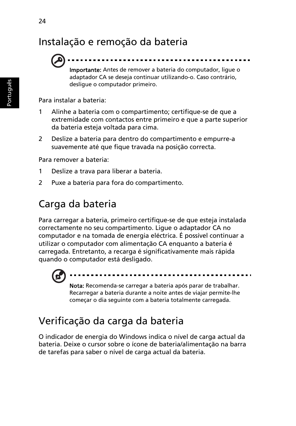 Instalação e remoção da bateria, Carga da bateria, Verificação da carga da bateria | Acer Aspire 5745DG User Manual | Page 414 / 2217