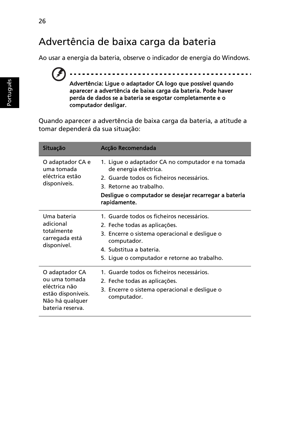 Advertência de baixa carga da bateria | Acer Aspire 5745DG User Manual | Page 416 / 2217