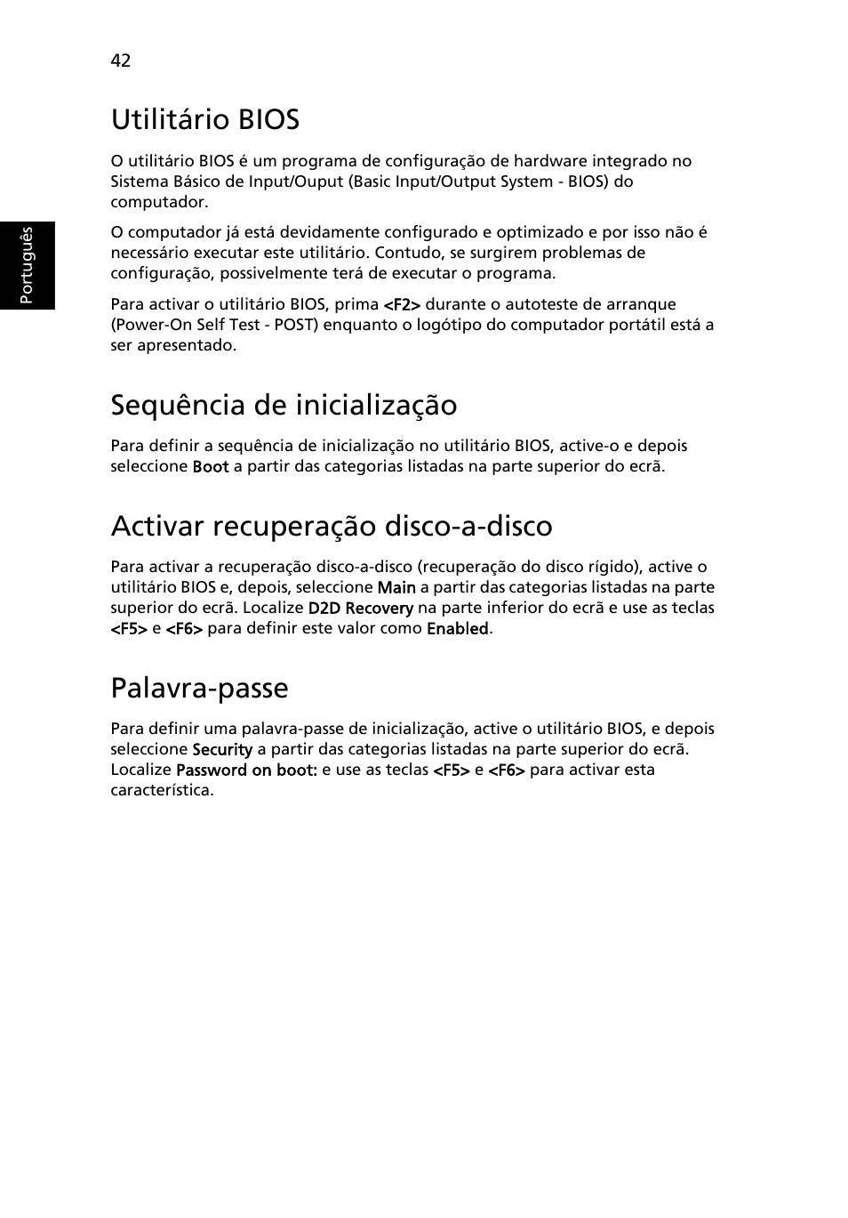 Utilitário bios, Sequência de inicialização, Activar recuperação disco-a-disco | Palavra-passe | Acer Aspire 5745DG User Manual | Page 432 / 2217