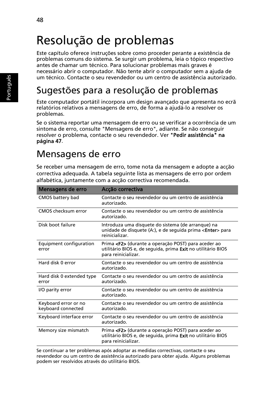 Resolução de problemas, Sugestões para a resolução de problemas, Mensagens de erro | Port ugu ês | Acer Aspire 5745DG User Manual | Page 438 / 2217