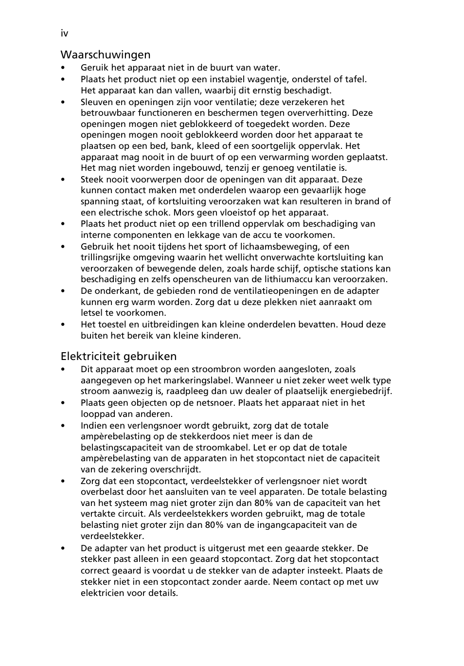 Waarschuwingen, Elektriciteit gebruiken | Acer Aspire 5745DG User Manual | Page 448 / 2217