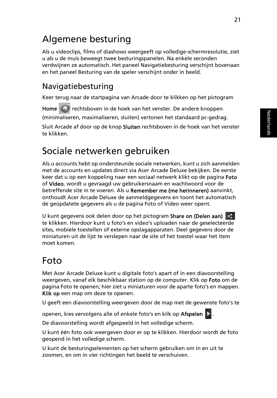 Algemene besturing, Sociale netwerken gebruiken, Foto | Navigatiebesturing | Acer Aspire 5745DG User Manual | Page 485 / 2217