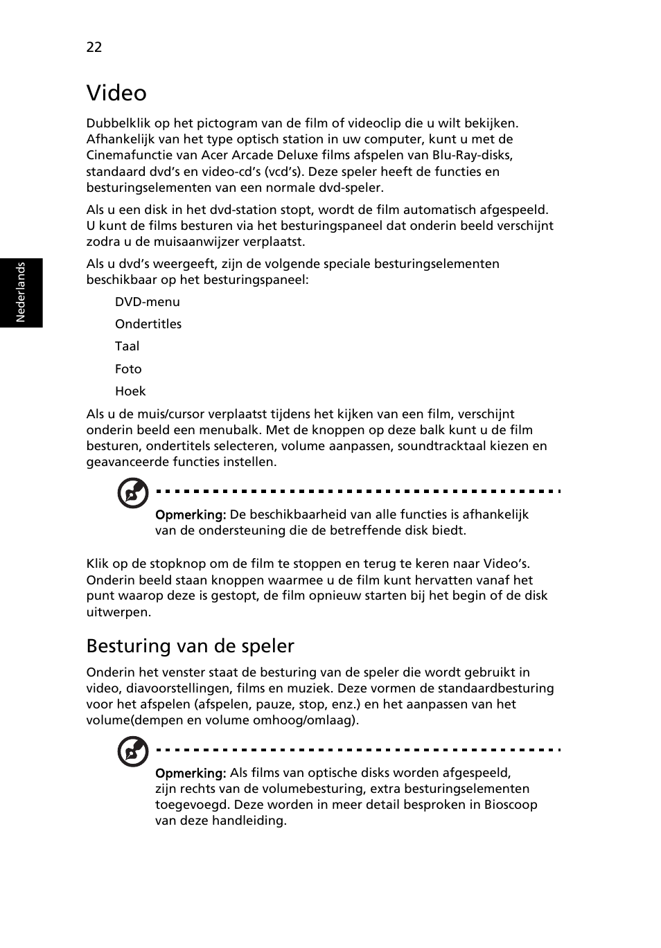 Video, Besturing van de speler | Acer Aspire 5745DG User Manual | Page 486 / 2217