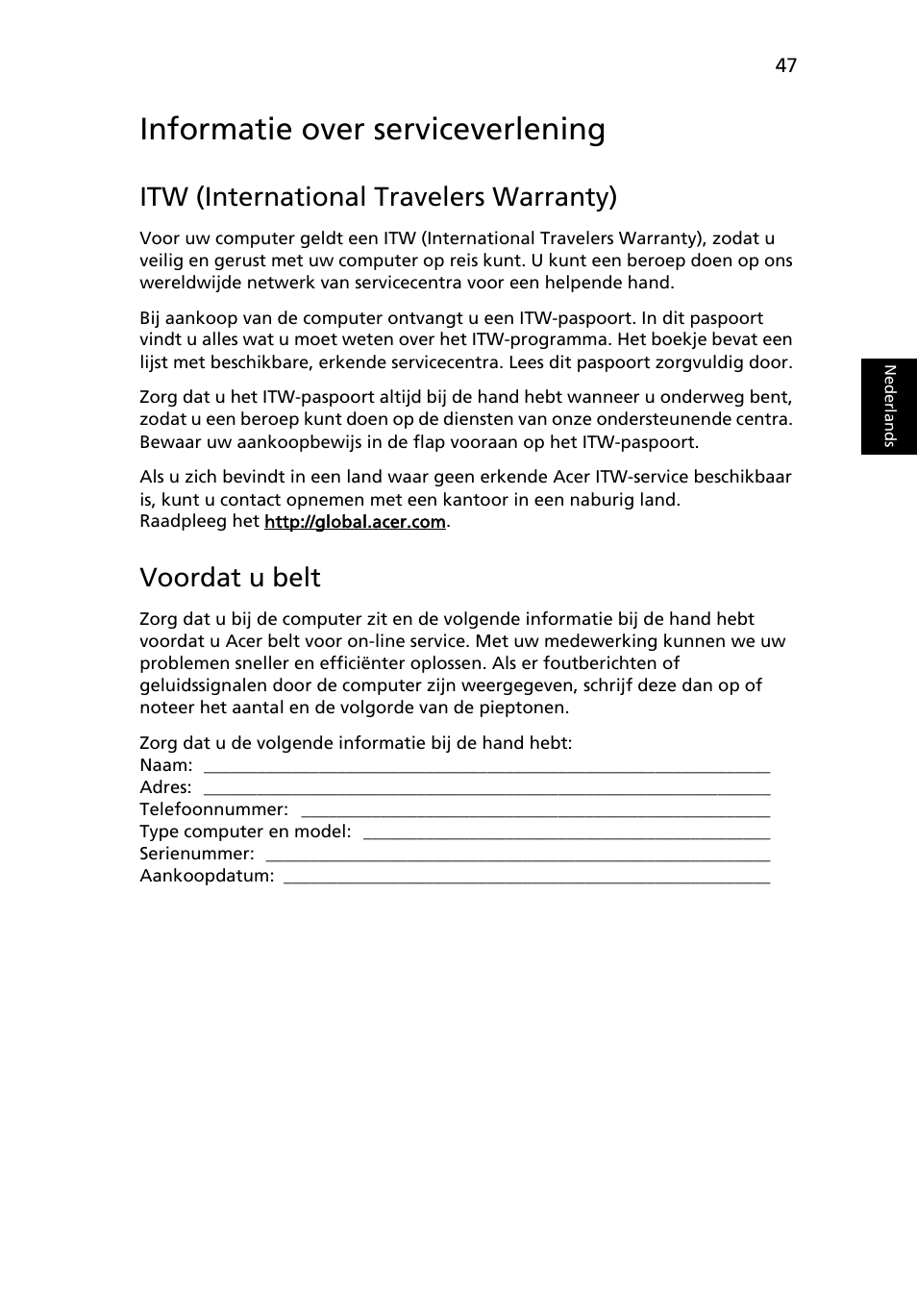 Informatie over serviceverlening, Itw (international travelers warranty), Voordat u belt | Acer Aspire 5745DG User Manual | Page 511 / 2217