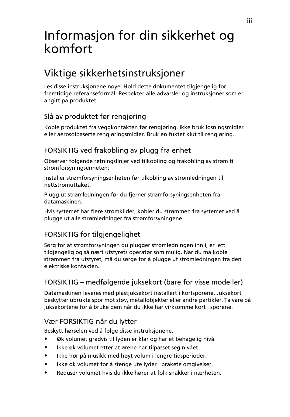 Informasjon for din sikkerhet og komfort, Viktige sikkerhetsinstruksjoner | Acer Aspire 5745DG User Manual | Page 519 / 2217