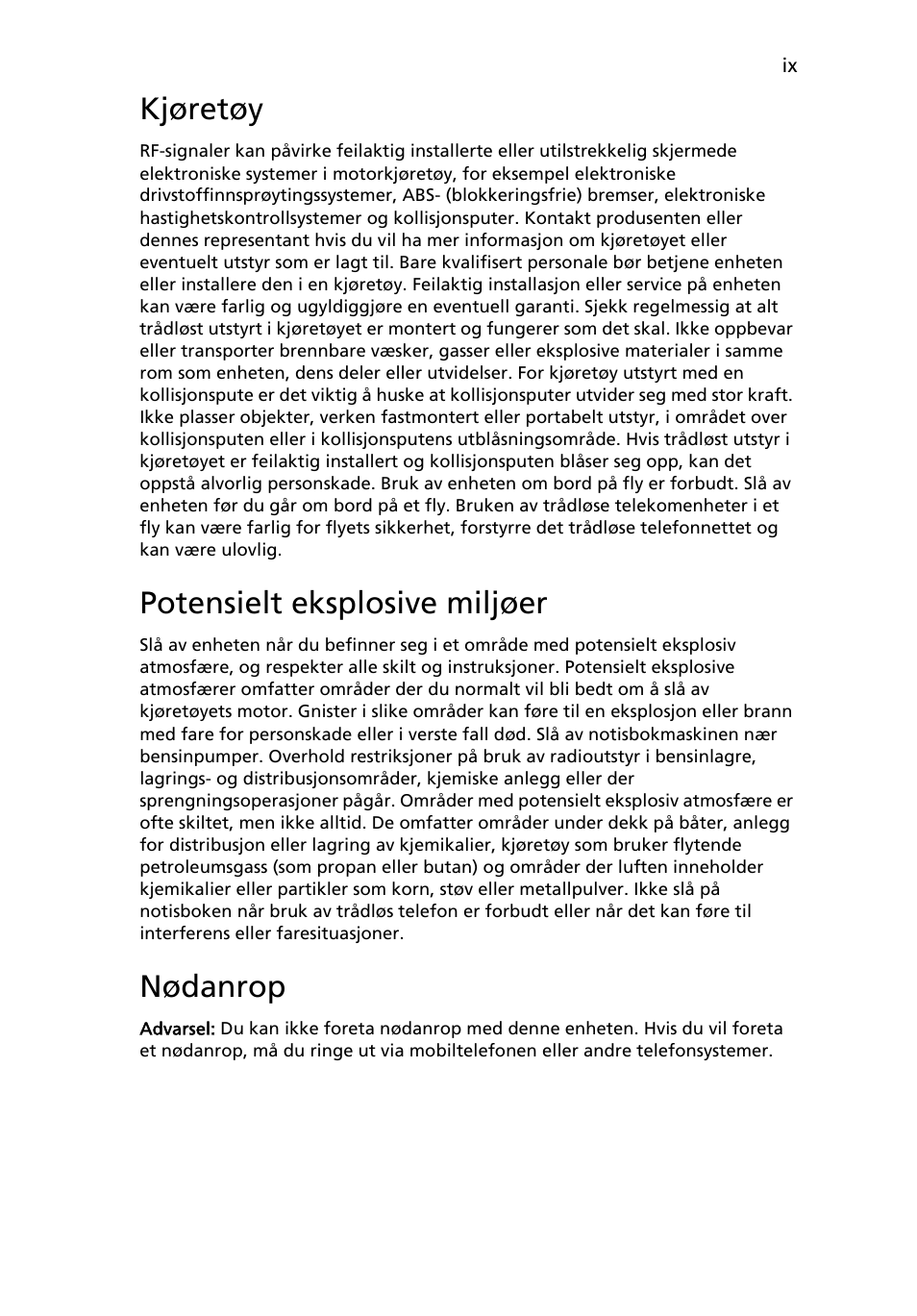 Kjøretøy, Potensielt eksplosive miljøer, Nødanrop | Acer Aspire 5745DG User Manual | Page 525 / 2217
