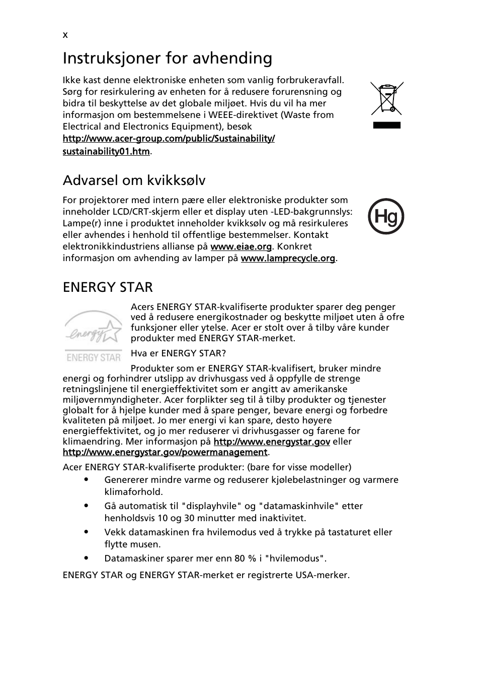 Instruksjoner for avhending, Advarsel om kvikksølv, Energy star | Acer Aspire 5745DG User Manual | Page 526 / 2217