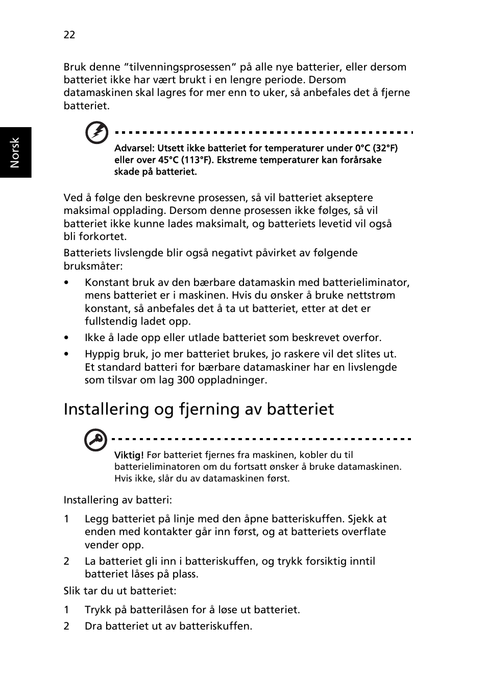 Installering og fjerning av batteriet | Acer Aspire 5745DG User Manual | Page 558 / 2217