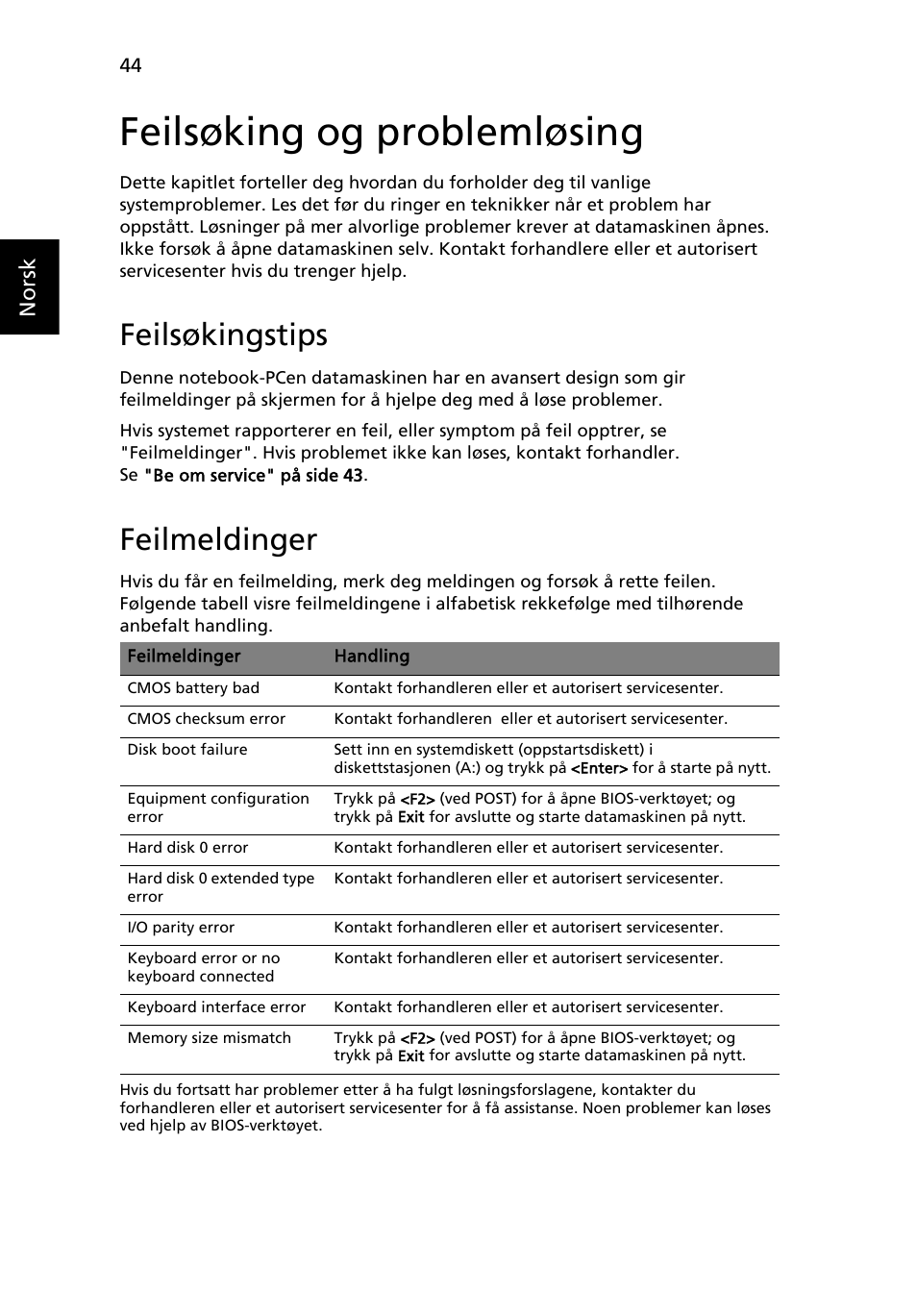 Feilsøking og problemløsing, Feilsøkingstips, Feilmeldinger | Norsk | Acer Aspire 5745DG User Manual | Page 580 / 2217