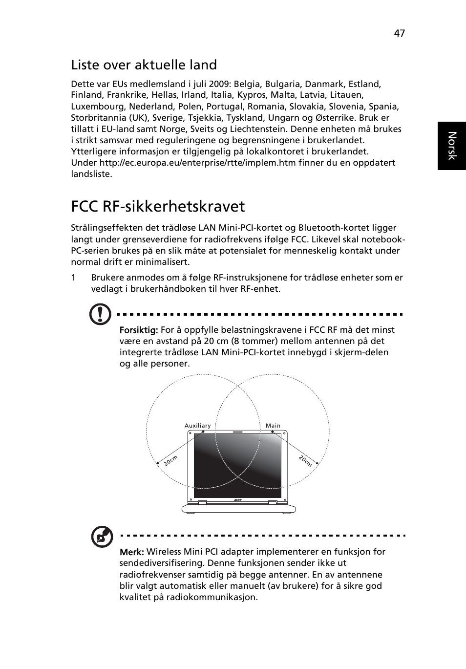 Fcc rf-sikkerhetskravet, Liste over aktuelle land | Acer Aspire 5745DG User Manual | Page 583 / 2217