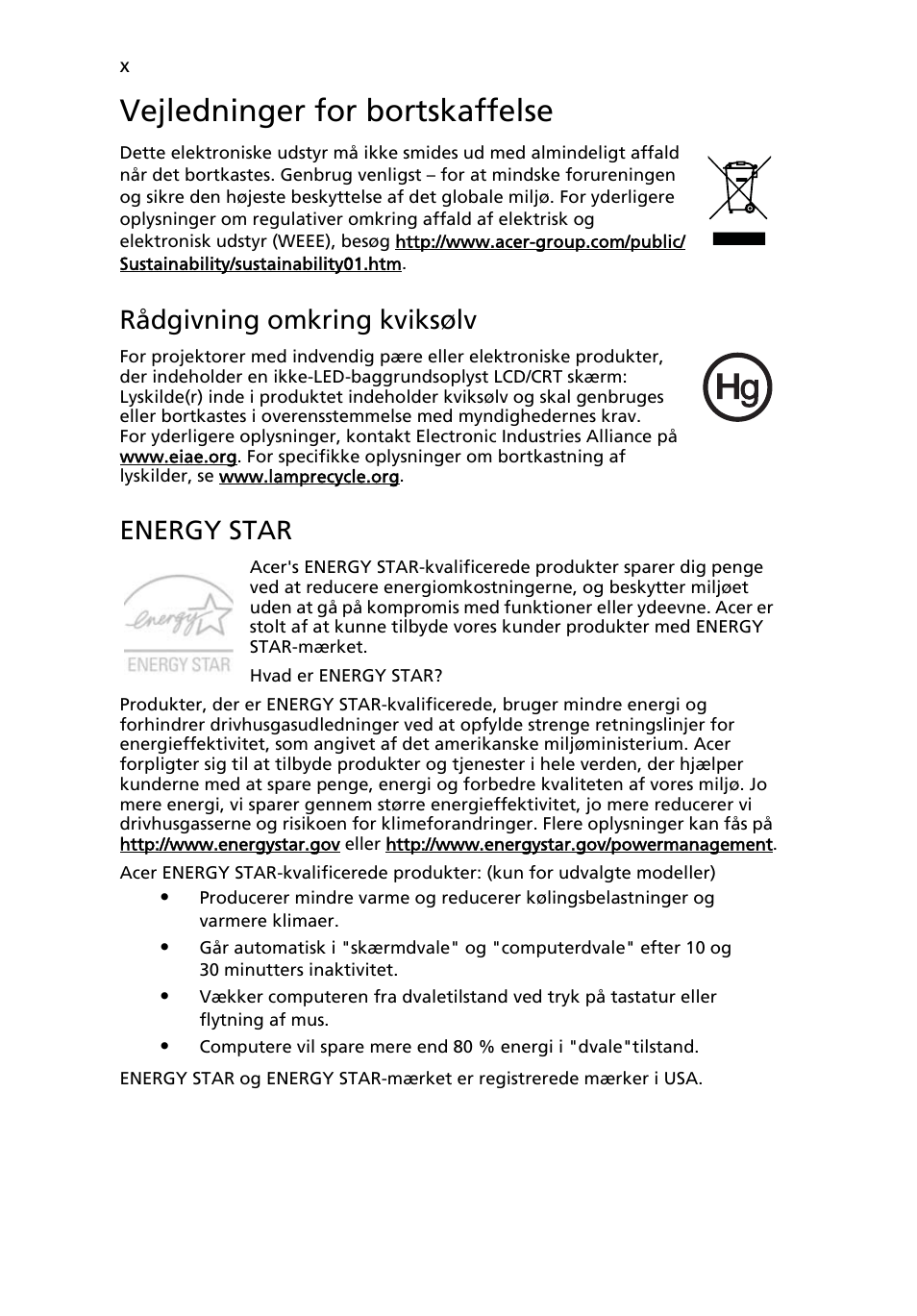 Vejledninger for bortskaffelse, Rådgivning omkring kviksølv, Energy star | Acer Aspire 5745DG User Manual | Page 594 / 2217